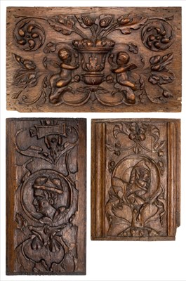 Lot 72 - Oak panels. Three carved oak panels, probably 17th century