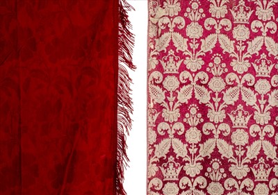 Lot 180 - Curtains. A pair of scarlet damask curtains, 19th century, and others