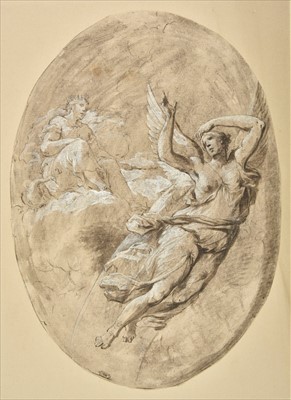 Lot 259 - Italian School. Winged female figure with Juno seated on a cloud, pen, brown ink and wash