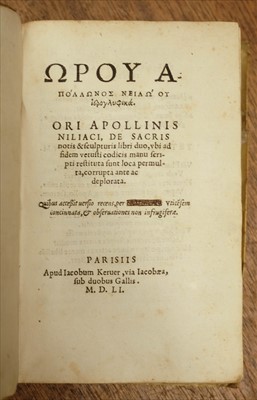 Lot 313 - Horapollo. Hieroglyphika, Paris: Jacques Kerver, 1551