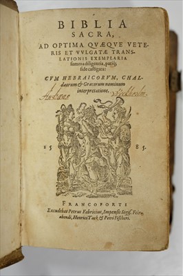 Lot 253 - Bible [Latin]. Biblia Sacra..., 2 parts in one, Frankfurt am Main: Petrus Fabricius, 1585