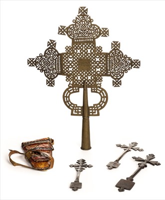 Lot 107 - Abyssinian Coptic cross. A 20th century brass processional cross and related items