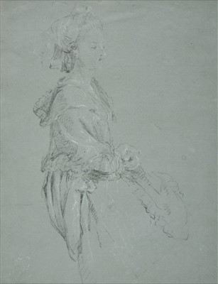 Lot 289 - Saint-Aubin (Gabriel-Jacques de, 1724-1780). Young Woman Seated, black chalk on blue paper