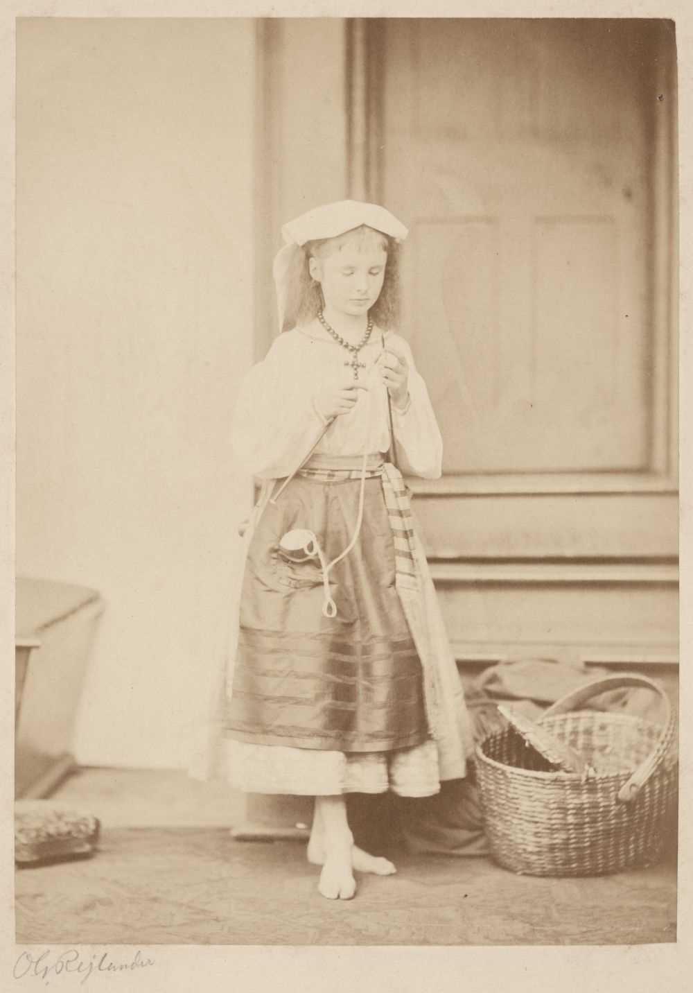 Lot 25 - Rejlander (Oscar Gustave, 1813-1875). Study of a young barefoot girl knitting, c. 1860s
