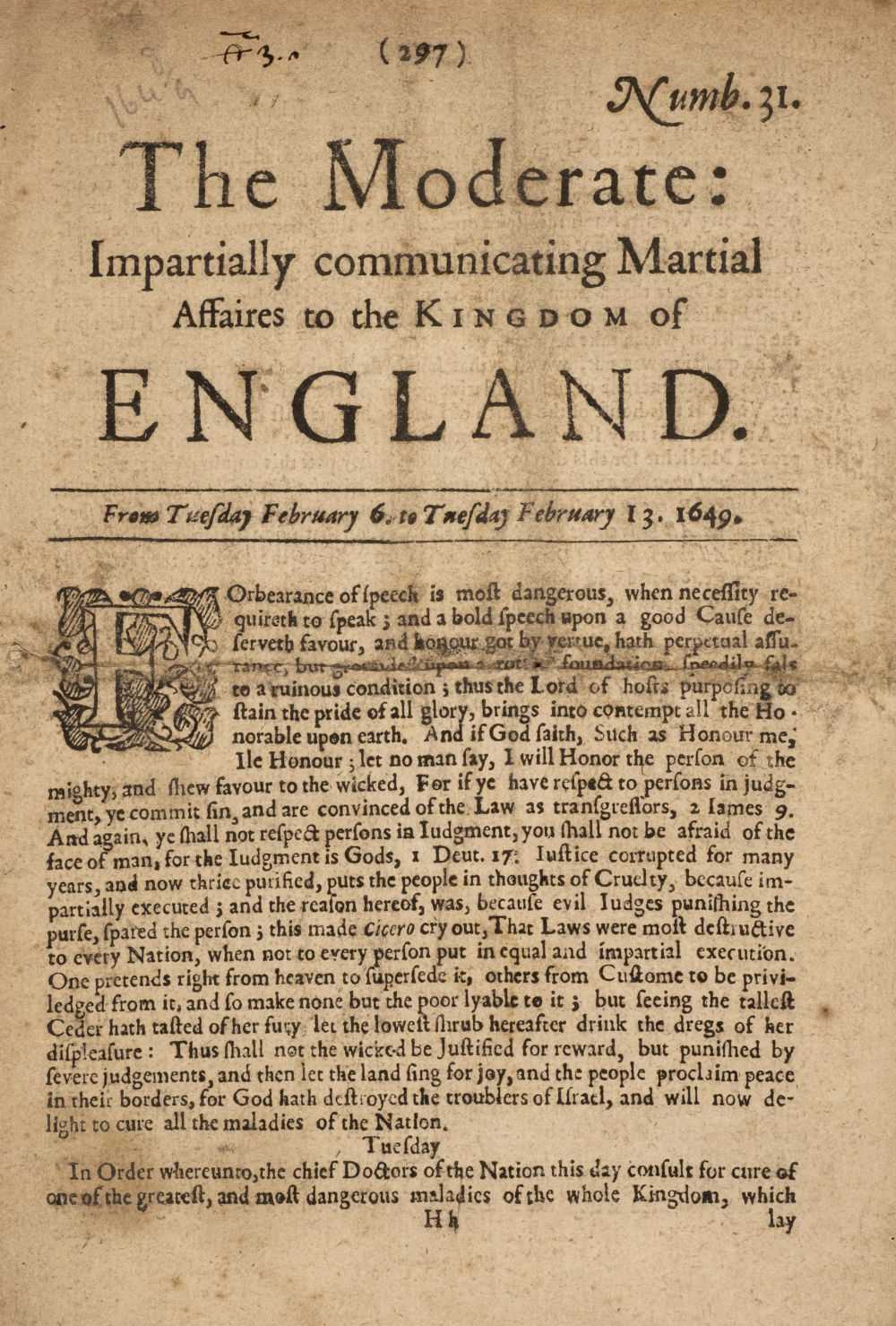 Lot 267 - English Civil War. The Moderate: number 31, 1649