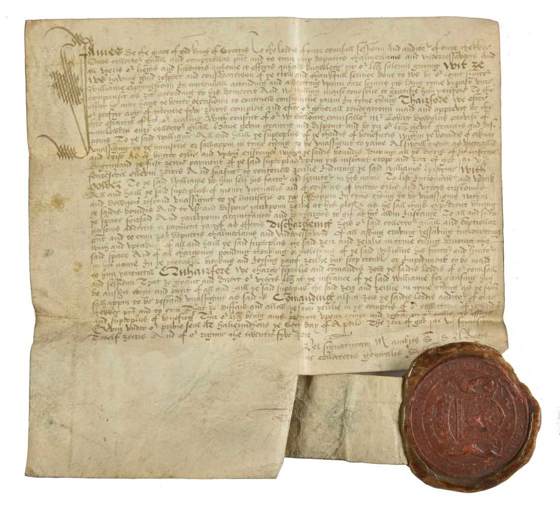 Lot 223 - James VI (King of Scotland, 1567-1625). Signet letter on vellum with seal, 1592