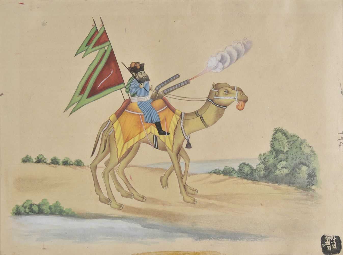 Lot 10 - Company School. Two soldiers, mounted on camelback, with rifles, 19th century