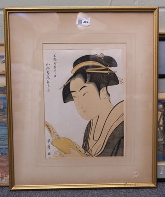 Lot 429 - Utamaro (Kitagawa, 1753-1806). Bijin reading a book, Edo period, circa 1790 and others