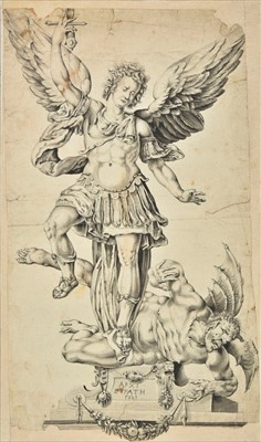 Lot 241 - Flemish School. Saint Michael slaying Satan, circa 1600, pen grey ink and grey wash