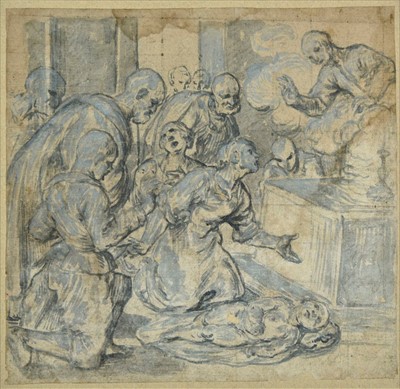 Lot 242 - Corenzio (Belisario, 1560-1643). Group of figures lamenting a dead child before an altar