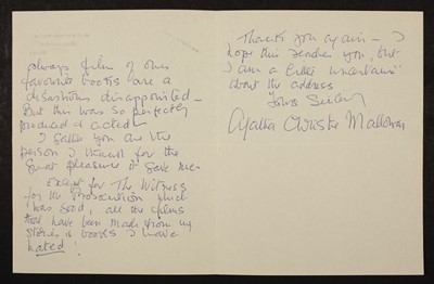 Lot 630 - Christie (Agatha, 1890-1976). Autograph letter signed, 'Agatha Christie Mallowan'