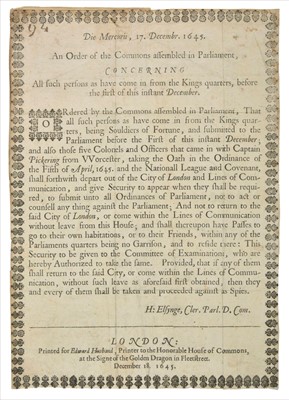 Lot 249 - English Civil War. An Order of the Commons assembled in Parliament, 1645, rare broadside