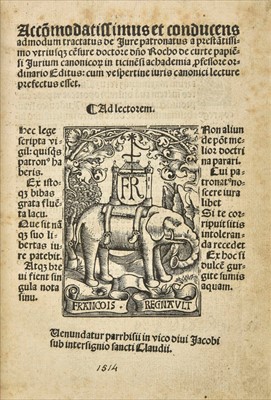 Lot 245 - Curtius (Rochus). Tractatus de Jure Patronatus... 1st edition, Paris, 1514