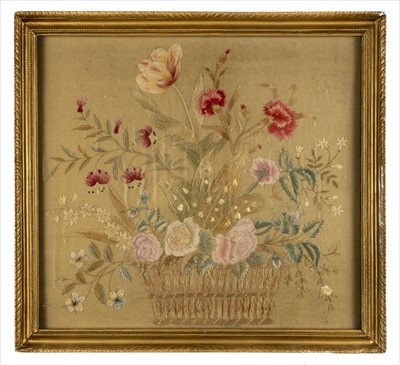 Lot 162 - Embroidered picture. A basket of flowers, English, early 19th century