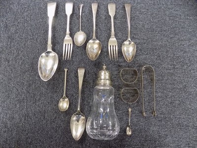 Lot 85 - Mixed silver. A collection of silver cutlery plus sugar caster