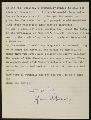 Lot 547 - Du Maurier (Daphne, 1907-1989). Typed letter signed, 1966