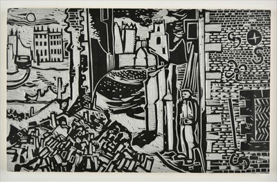 Lot 446 - Graham (Rigby, 1931-2015). Landscape with buildings and standing figure