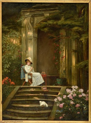 Lot 352 - Vernon (Arthur Langley, active 1871-1922). Lady Sewing in a Garden