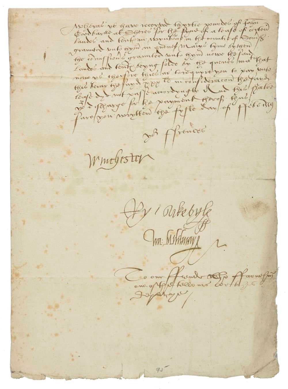 Lot 205 - Exchequer of Elizabeth I. Exchequer receipt signed, 5 February 1559