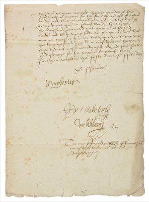 Lot 205 - Exchequer of Elizabeth I. Exchequer receipt signed, 5 February 1559