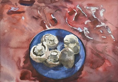 Lot 646 - Smith (Stan, 1929-2001). Mushrooms on a blue plate, watercolour