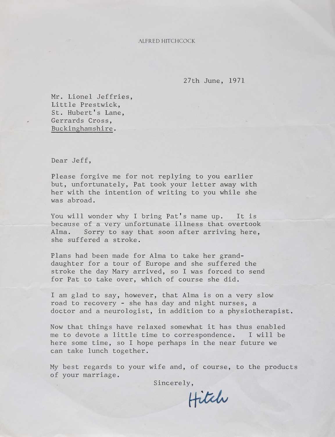 Lot 636 - Hitchcock (Alfred, 1899-1980). Typed letter signed, 'Hitch', 27 June 1971