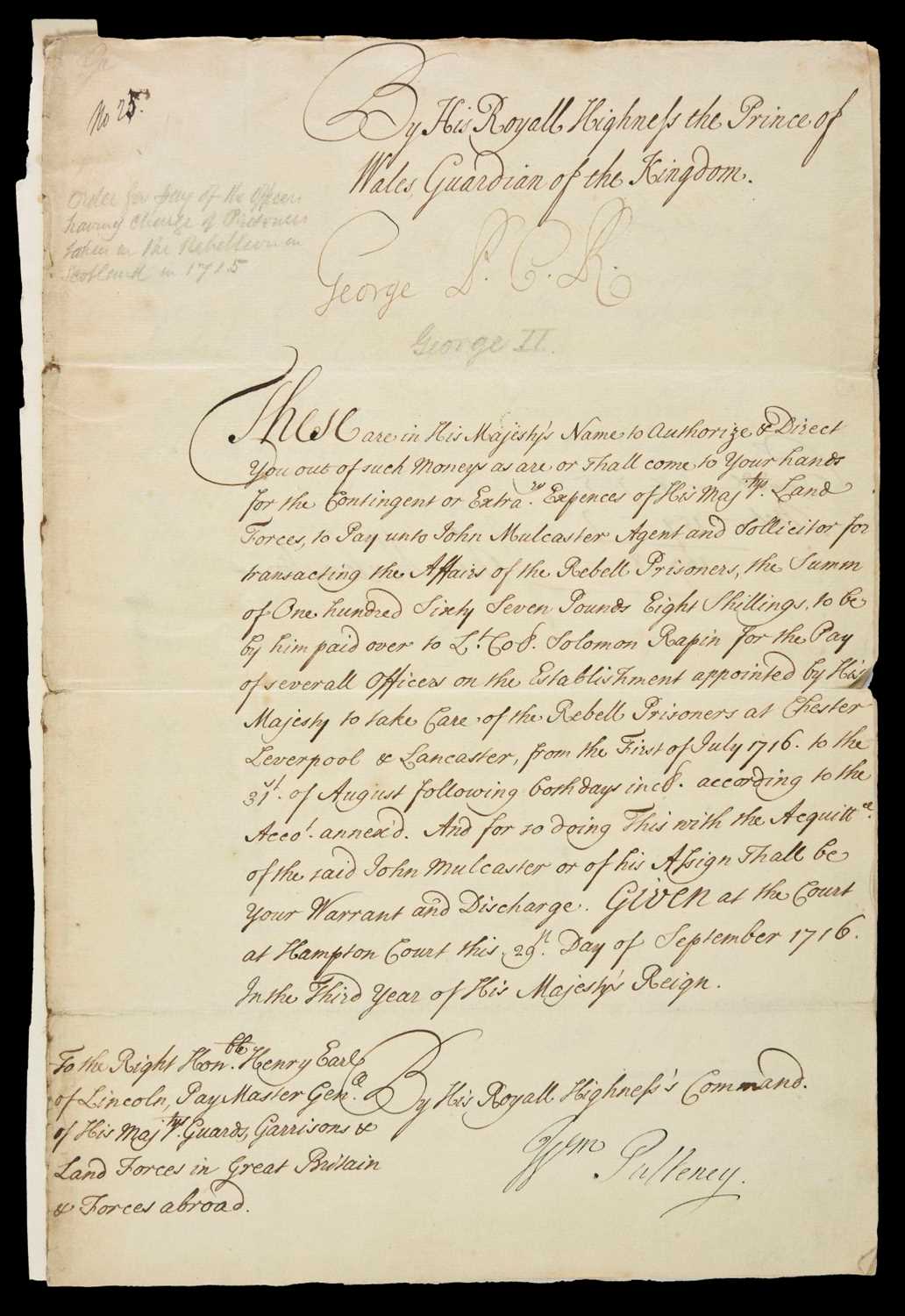 Lot 584 - George II (King of Great Britain and Ireland, 1683-1760). Manuscript Warrant, 1716