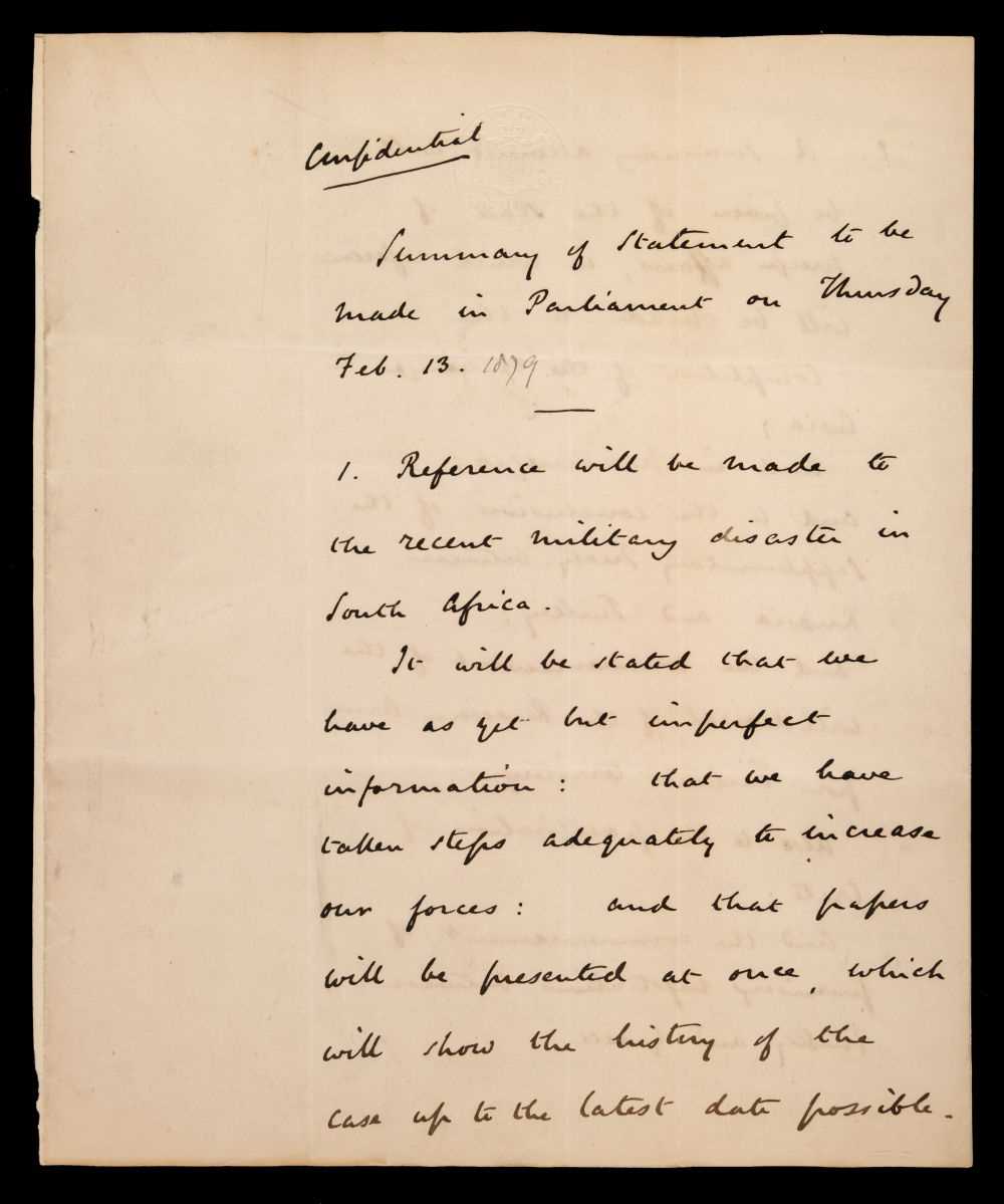 Lot 45 - Northcote (Stafford). Autograph draft parliamentary statement on Isandlwana, 1879