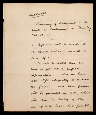 Lot 45 - Northcote (Stafford). Autograph draft parliamentary statement on Isandlwana, 1879