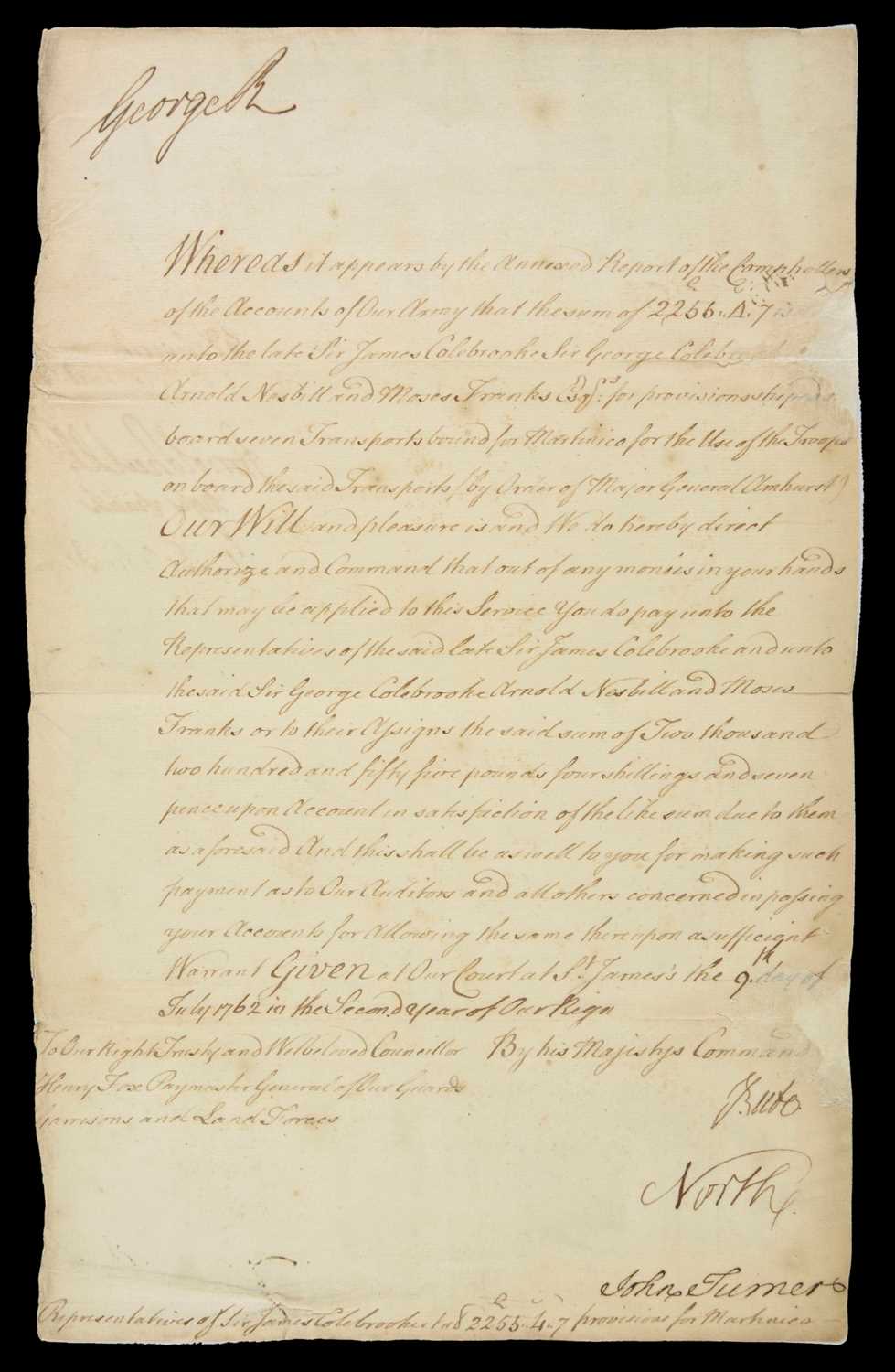 Lot 587 - George III (1738-1820, King of Great Britain and Ireland). Document Signed, 1762