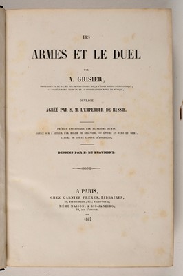 Lot 464 - Grisier (Augustin). Les Armes et le Duel..., 1st edition, Paris: Garnier Freres, 1847