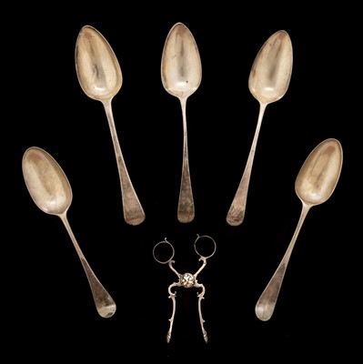 Lot 231 - Spoons. Five 18th century silver serving spoons plus sugar nips