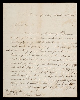 Lot 715 - Collingwood (Cuthbert, 1st Baron 1748-1810). Autograph letter to Sir Evan Nepean, 1806