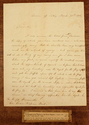 Lot 715 - Collingwood (Cuthbert, 1st Baron 1748-1810). Autograph letter to Sir Evan Nepean, 1806