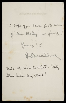 Lot 458 - Baden-Powell (Robert, 1st Baron, 1857-1941). 2 Autograph Letters Signed, 1906