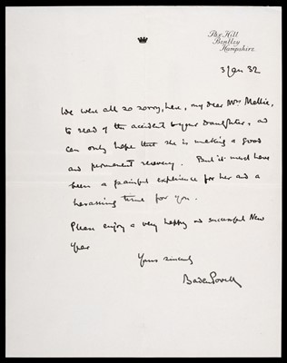 Lot 459 - Baden-Powell (Robert, 1st Baron, 1857-1941). 2 Autograph Letters Signed, 1927 & 1932