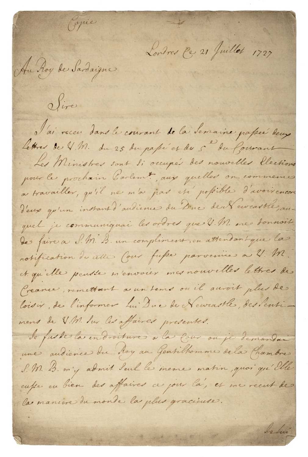 Lot 710 - Anglo-Savoyard Alliance. Manuscript letter, 1727