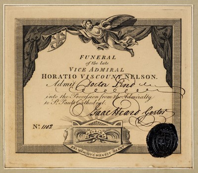Lot 728 - Nelson (Horatio, 1st Viscount Nelson, 1758-1805). Ticket for Funeral Procession, 1806