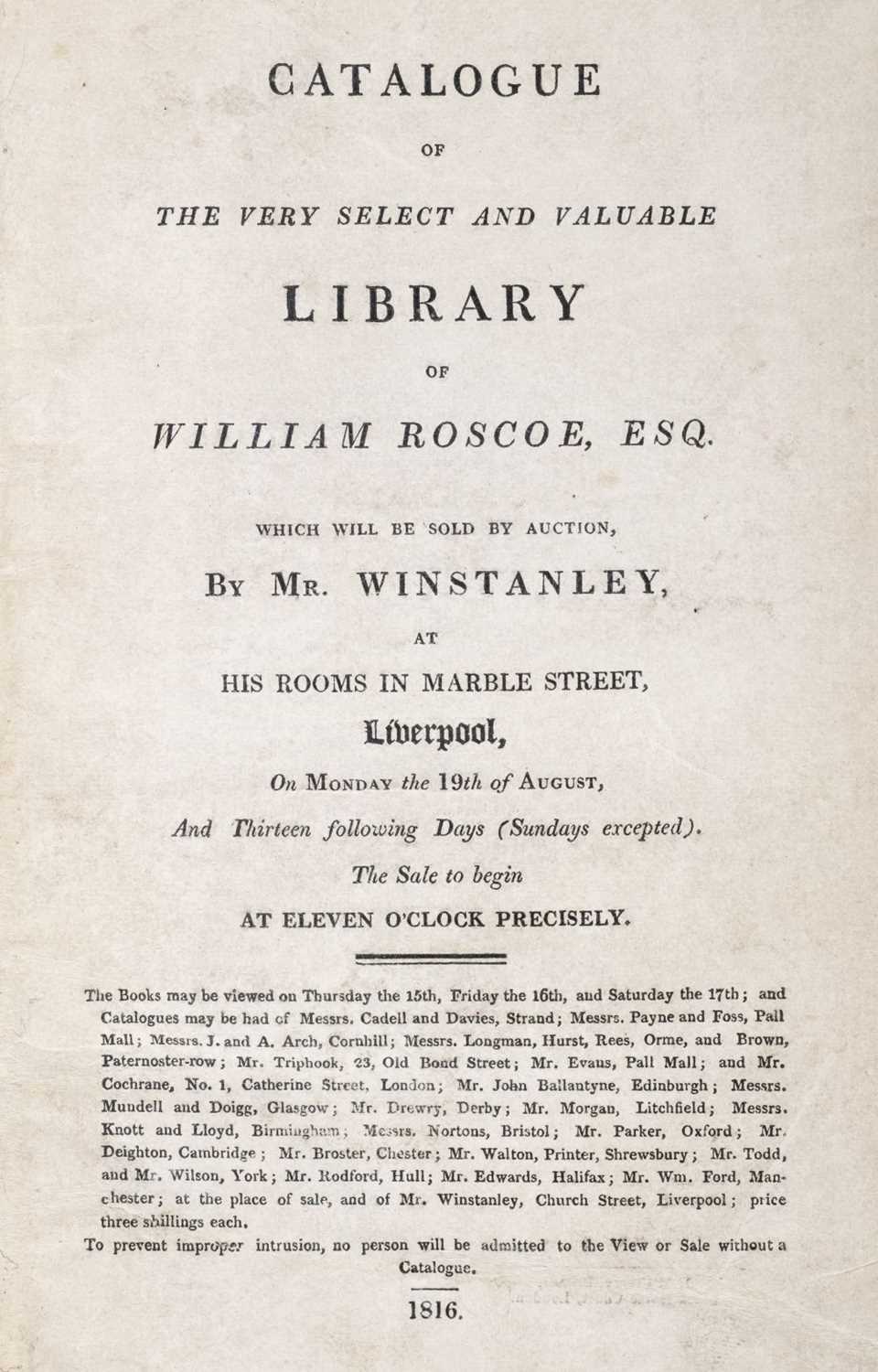 Lot 252 - Roscoe (William, 1753-1831). Catalogue of the ... library of William Roscoe, 1816