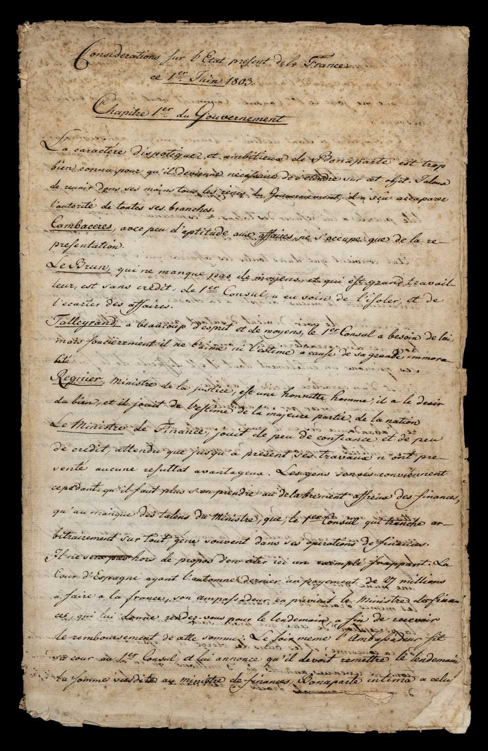 Lot 723 - France under Napoleon. Manuscript report in French, 1803