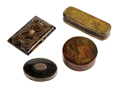 Lot 158 - Snuff boxes. A George III tortoiseshell and pique work snuff box