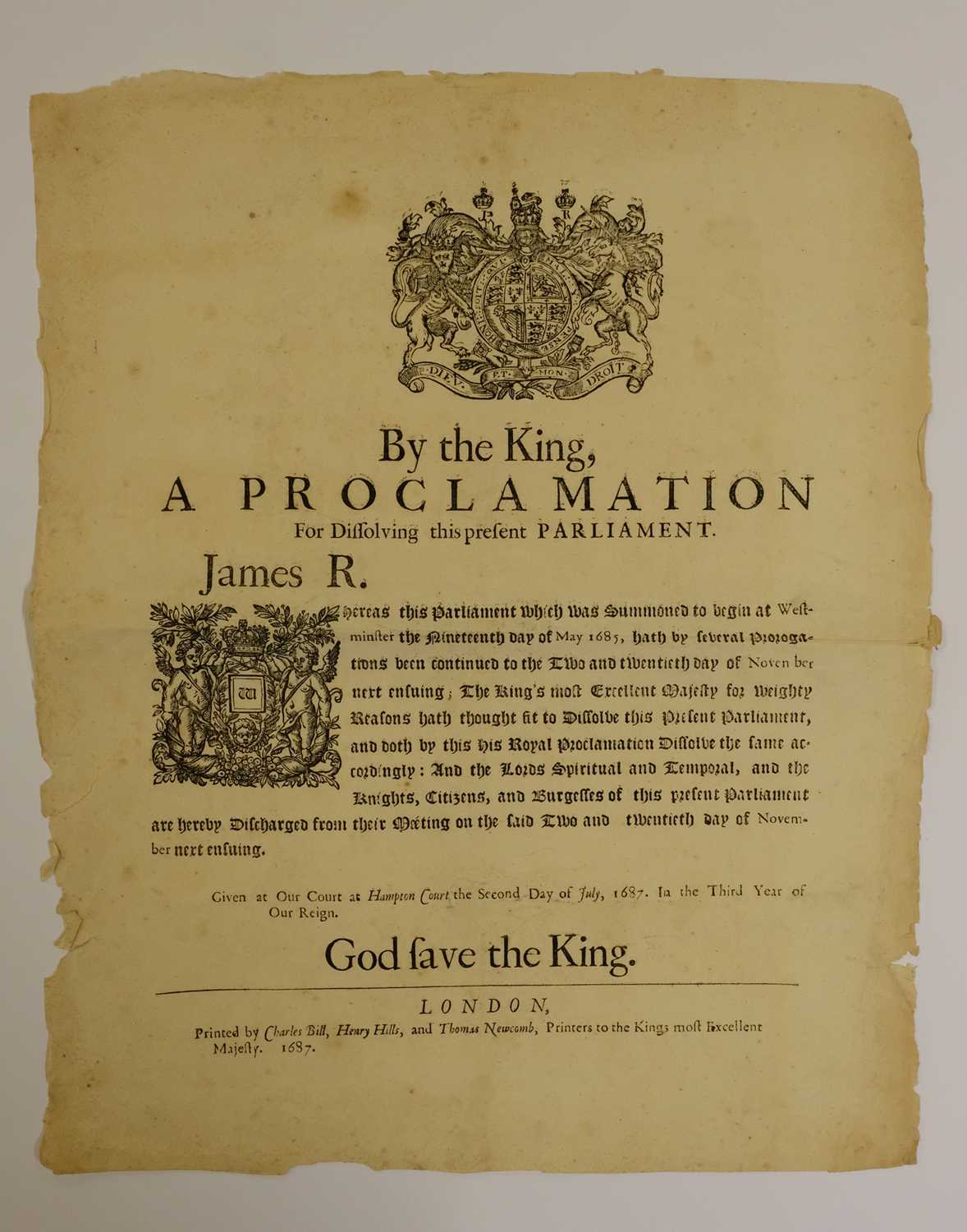 Lot 235 - James II (King of England). Proclamation for dissolving Parliament, 2 July 1687