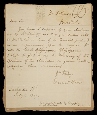 Lot 288 - Medicinal Leeches. Autograph letter from Sir Everard Home to Dr Johnson, Bristol, 1817