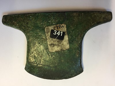 Lot 182 - Axe head. Two Chinese archaic bronze ritual axe head plus a Neolithic tool