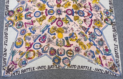 Lot 284 - WWII. Propaganda headscarf 'Into Battle', Jacqmar, 1940s, and 2 handkerchiefs