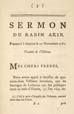 Lot 263 - Voltaire. Sermon du rabin Akib, 1761, bound with: Maty (Matthew), Epitre, 1762, very rare