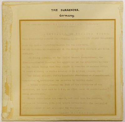 Lot 45 - WWI Surrender. Three original telegraphs relating to the German surrender, 1918