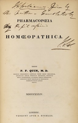 Lot 247 - Quin (Frederic). Pharmacopoeia Homoeopathica, 1st edition, 1834, presentation copy
