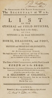 Lot 21 - Army Lists. A List of the General and Field Officers for the Year 1777, & 7 others