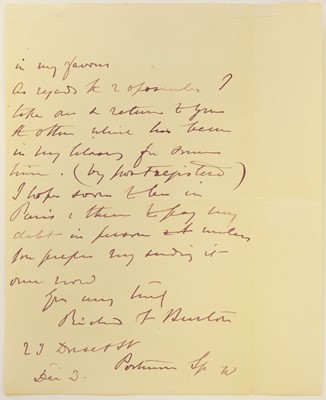 Lot 462 - Burton (Richard Francis, 1821-1890). Autograph letter signed, 'Richard F. Burton', 3 December [1886]